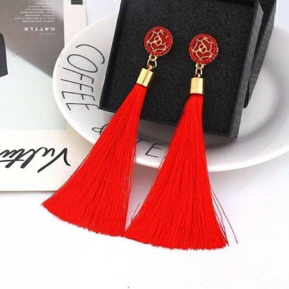 5/$25 Red Tassel Fringe Earring - Picture 1 of 7